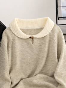 Women's Color Block Striped Horn Button Turn Collar Sweater, French Vintage Slouchy Pullover Knit Top, Autumn/Winter - Apricot - View 4