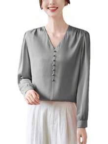 Blusa de manga larga plisada de seda con abalorio y cuello en V para mujer - Morado - Ver 12