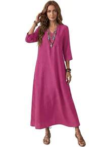 Genérico Vestido Largo de Lino de Algodón para Mujer,Manga 3/4,Vestido de Moda con Cremallera Trasera,Vestidos Largo Casual,para Playa,Invitado - Blanco - Ver 12