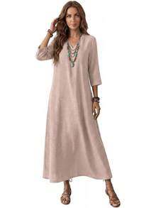 Genérico Vestido Largo de Lino de Algodón para Mujer,Manga 3/4,Vestido de Moda con Cremallera Trasera,Vestidos Largo Casual,para Playa,Invitado - Blanco - Ver 11