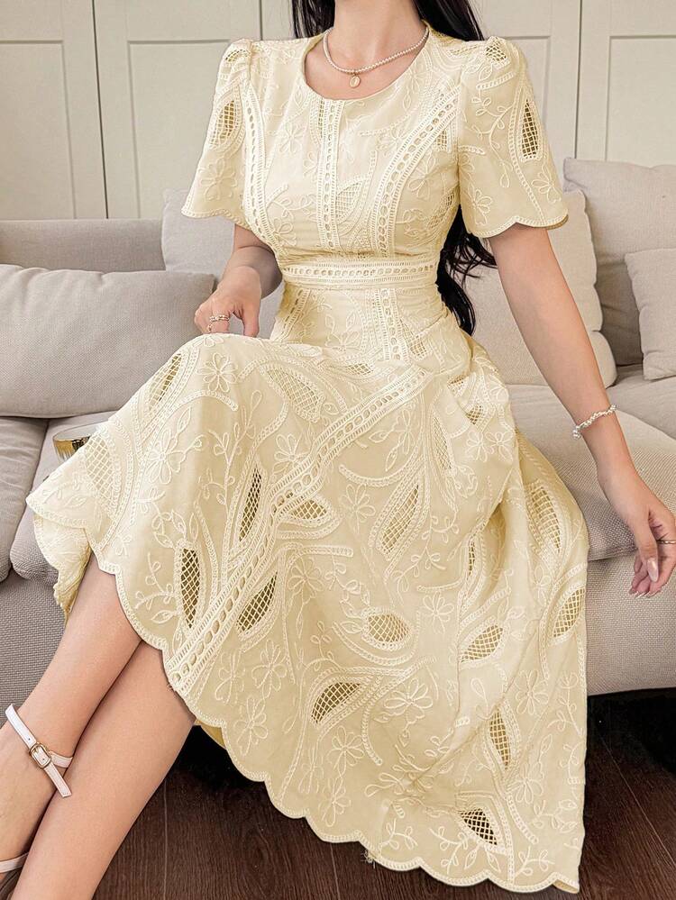 Vestido de verano de media longitud con cuello redondo, mangas de pétalo y encaje floral elegante para mujer - Azul 2 - Añade 7