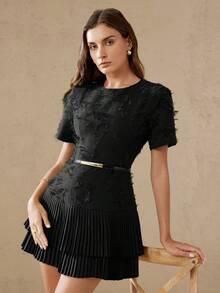 BELROSIE Vestido elegante y versátil para mujer con cuello redondo, manga corta, cintura ceñida, volantes en el bajo y textura con flecos en color verde oliva - Verde - Ver 8