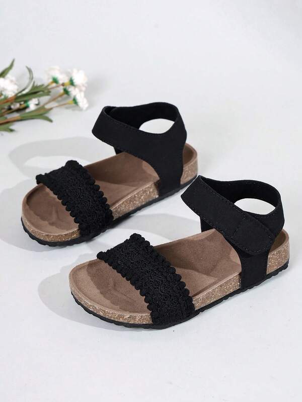 Black Fur Ball Girls' Sandals With Cork Sole Hook And Loop Breathable Baby Beach Casual Shoes