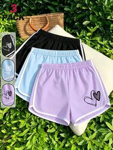 3pcs/Set Girls Cute Heart Print Sports Shorts, Soft Comfortable Summer Casual Shorts, Suitable For Big Girls - Multicolor - View 2