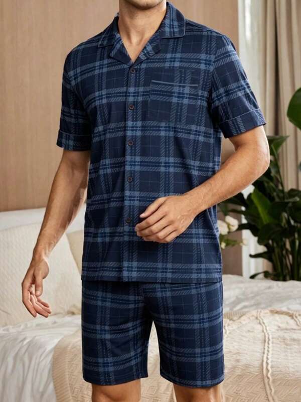 Men's Summer Thin Plaid Short Sleeve Shirt And Shorts 2 Pieces Pajama Set, Classic Texture, Can Be Worn As Loungewear