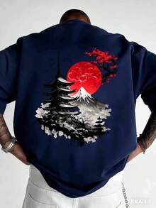 [Comfortable|Loose] Comfortable Loose Japanese Style T-Shirt | Red Sun Landscape Tower Pattern | Traditional Architecture Cherry Blossom Mountain View - 白色 - 查看 8