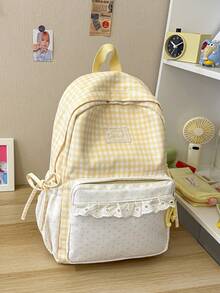 Gingham Spliced Mini Polka Dot Backpack With Lace Ruffle Trim And Side Bow, Lightweight College Student Backpack For Daily Commute & Back-To-School - Multicolor - View 17