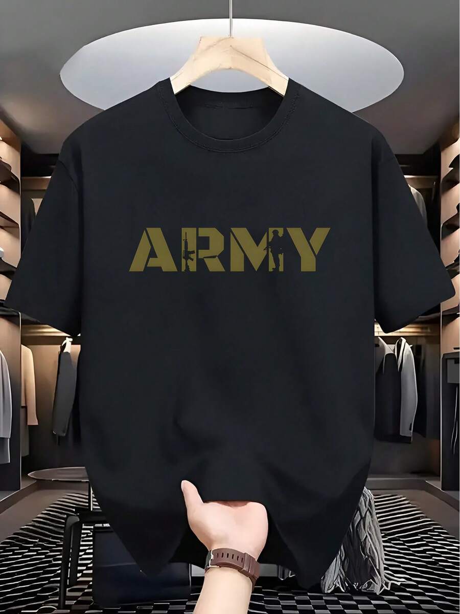 2025 Men'S Summer Fashion Casual Versatile Easy Letter Print Soft Comfortable Round Neck T-Shirt - 黑色 - 查看 1