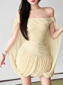 Women's Sleeveless Sequin Off-Shoulder Bodycon Mini Dress, Made Of Knit Fabric With Back Opening And Asymmetric Hemline - Yellow - View 5
