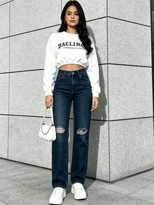 Women's Ripped Straight Jeans - Dark Blue - View 3