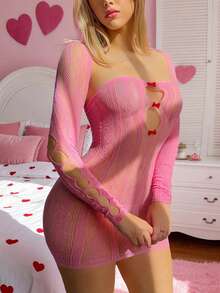 2件套性感镂空蝴蝶结渔网紧身迷你连衣裙，甜美高弹蕾丝紧身吊带裙，适合情人节、比基尼罩衫 - 玫紅色 - 查看 4