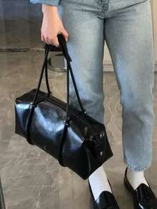 韓系Ins風鬆弛感極簡腋下包 小眾設計大容量托特包 女款時尚通勤外出手提單肩托特包 - 黑色 - 查看 6