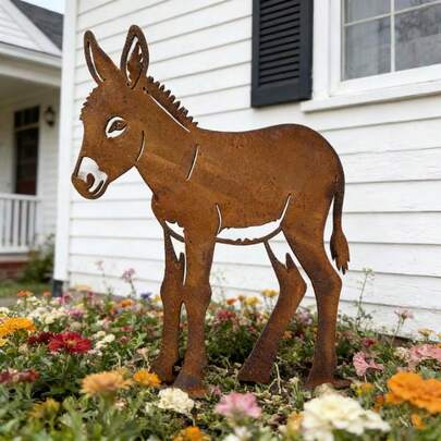 Rusty Metal Garden Donkey Stake, Rustic Donkey Sculpture Ornament, Farmhouse Outdoor Decor, Gift For Gardening Enthusiasts