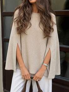 Plus Size Women's Fashion Vacation Knit Top With Slit Cuffs And Round Neck, Versatile - Beige - View 1