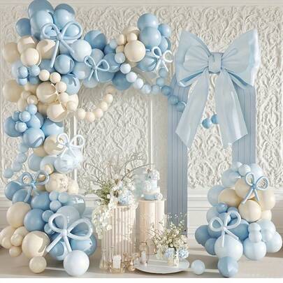 Juego de arco de globos con temática de lazo azul de 142 piezas, incluye globos de látex azul, azul claro, blanco y largos. Perfecto para fiestas de cumpleaños, baby showers, decoraciones de bodas, despedidas de soltera, despedidas de soltero/soltera y decoraciones de fiestas con temática de lazo.