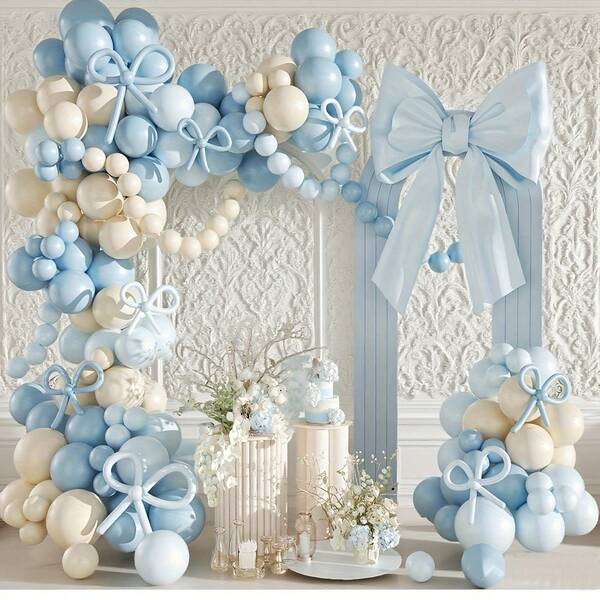 142pcs Blue Bow-Themed Balloon Arch Set, Includes Blue, Light Blue, White, And Long Latex Balloons. Perfect For Birthday Parties, Baby Showers, Wedding Decorations, Bridal Showers, Bachelor/Bachelorette Parties, And Bow-Themed Party Decorations.