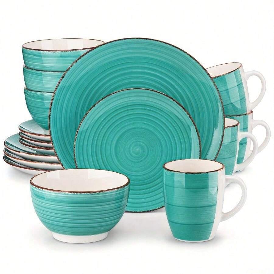 Set Of 16 Handcrafted Stoneware Plates For Dining, Serves Four - Verde - Ver 1