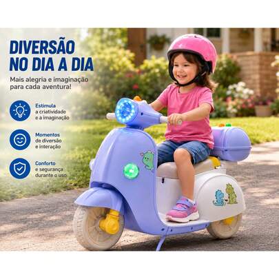 Moto Elétrica Infantil Baby Dino Azul Claro Scooter Infantil Com Luz Led E Painel Musical
