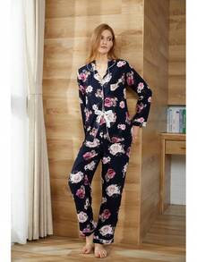 Conjunto de Pijama para Mujer con Cuello Recortado, Estampado Floral, Camisa con Botones y Pantalones Largos, Algodón, 2 Piezas, Ropa de Dormir - Gris - Ver 9