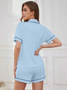 Conjunto de pijama para mujer, cuello con solapa, manga corta, top con bolsillo en el pecho y pantalones cortos con cintura elástica, 2 piezas, ropa de dormir para mujer. - RQ02-Azul claro - Ver 7