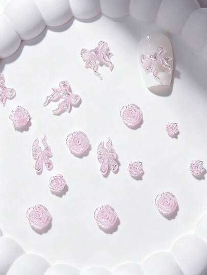 30 món charm gắn móng tay nơ ruy băng tiên nữ bóng bẩy mùa hè, hoa trà hồng camellia lấp lánh Y2K dễ thương, đá đính móng, phụ kiện dụng cụ làm nail DIY trang trí móng