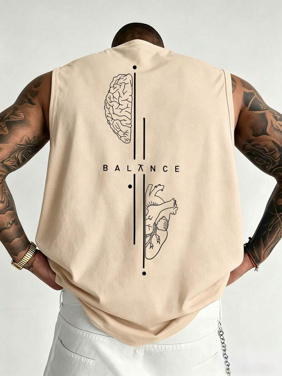 Tank Top Minimalis Leher Bulat dengan Motif Garis Hati & Otak Kasual Serbaguna untuk Pria - Aprikot - View 1