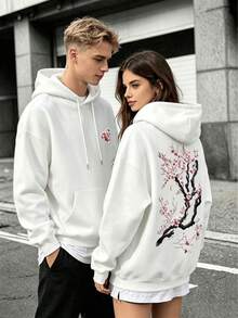 One-Piece Sporty Casual Hoodie With Cherry Blossom Print, Loose Drop-Shoulder Design, Unisex And Couple's Hoodie. - 白色 - 查看 3