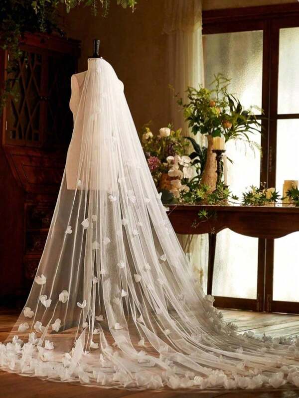 1pc 300cm 3D Floral Organza Bridal Veil, Cathedral Length Single Layer Long Train Wedding Veil Accessory