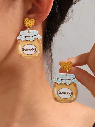 1pc Acrylic Bee Earrings Cute Minimalist Honey Jar Pendant Earring Suitable For Daily Wear