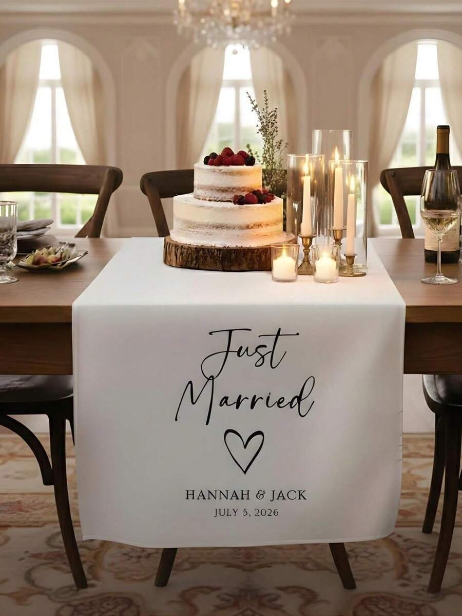 Personalized Wedding Table Runner, Custom White Polyester Linen Fabric Bride & Groom Table Runner (Includes Surname And Date), Elegant Wedding Reception Decor Sign - Multicolor - View 1