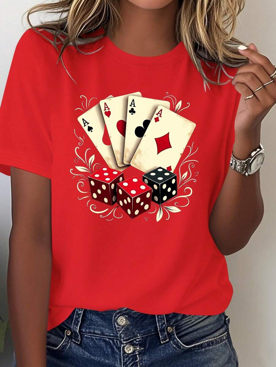 Women's 100% Cotton T-Shirt With Dice And Four Aces (4, 3, 2, 1) Designs - Casual Gaming-Themed Clothing, Machine Washable And Comfortable, Suitable For Poker Parties And Everyday Wear - 紅色 - 查看 1