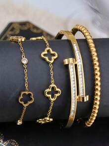4pcs/Set/3pcs/1pc Evil Eye Gold-Tone Bracelets Stack | Enamel Blue Eye & Twisted Cable Design Bangle Set For Daily Casual/Party Fashion Jewelry - Yellow Gold - View 7
