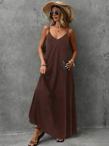 Women's Long Dress 2026, V-Neck, Sleeveless, Solid Color, Simple, Casual And Elegant. - Brown - View 1