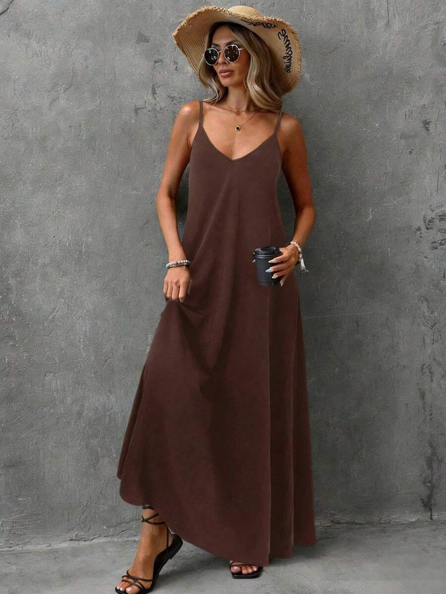 Women's Long Dress 2026, V-Neck, Sleeveless, Solid Color, Simple, Casual And Elegant. - Brown - View 1