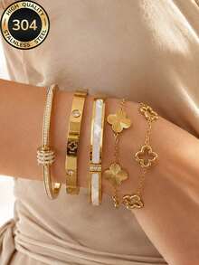 ZCNC 18K Gold Plated European & American Women's Luxury Versatile Floral Bracelet Set, 304 Stainless Steel, Waterproof, Hypoallergenic, Suitable For Daily Commute, Party, Banquet, Vacation, Holiday Gift, Best Friend Gift, Date Accessory, All Season Wear - Gold - View 2