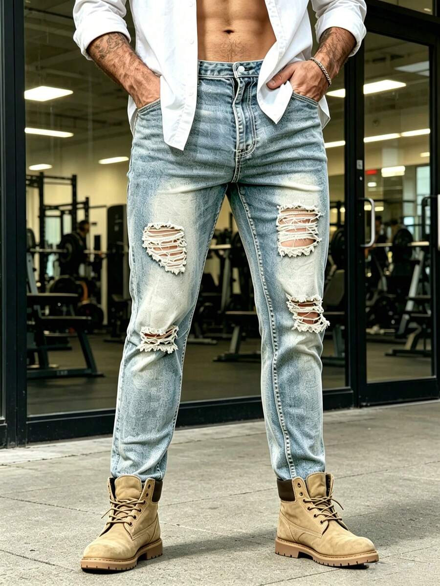 Men's Stretch Washed Denim Tight Pants Embroidered With Holes Suitable For Commuting, Street Photography, And Gatherings - Medium Wash - View 1