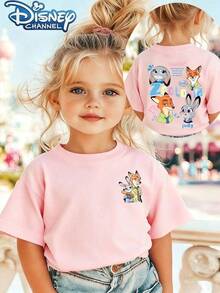 Official Disney Licensed Tween Girls 4-12 Soft Cotton Graphic Tees Zootopia Judy Nick Stylish Relaxed Fit Summer Outfits New Arrival Express Delivery - 粉色 - 查看 1