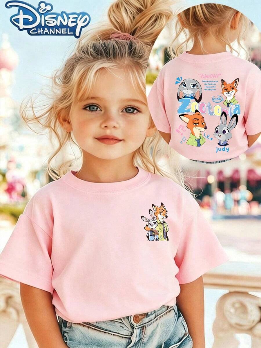 Official Disney Licensed Tween Girls 4-12 Soft Cotton Graphic Tees Zootopia Judy Nick Stylish Relaxed Fit Summer Outfits New Arrival Express Delivery - 粉色 - 查看 1