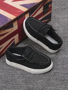 1 Par de Sapatos Náuticos Slip-On Unissex para Crianças, Uso Campus em Todas as Estações, Cor Sólida, Lona Respirável, Cadarço Elástico Sem Amarração, Sola Macia Antiderrapante, Tênis Esportivo Casual Leve e Plano para Escola - Preto - Visão 5