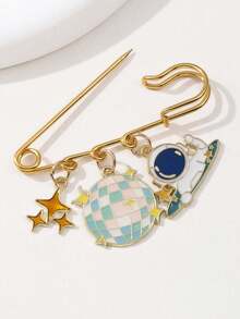 1pc Dreamy Starry Sky Style Multi-Charm Large Brooch, Drip Oil Astronaut Moon Origami Rabbit Colorful Ball Planet Pendant Brooch, Cute Girl Outfit Accessory, Versatile Decoration Pin For Sweaters And Cardigans - Multicolor - View 7