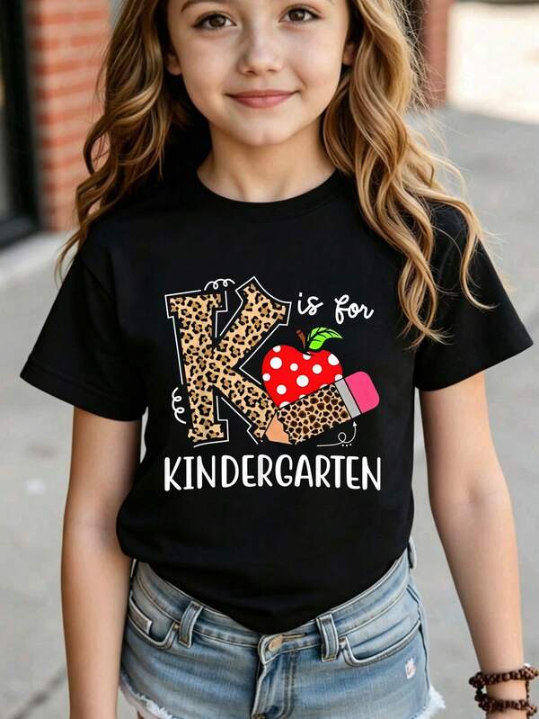 Camiseta para niña con estampado de leopardo "K es para Jardín de Infantes", camiseta casual de vuelta a la escuela para niños de jardín de infantes