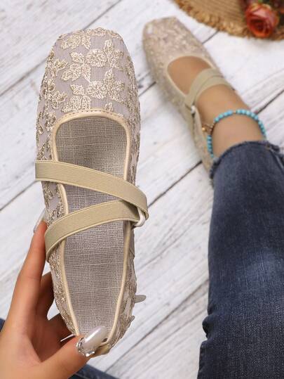 Novos Sapatos Femininos de Banda Elástica Bico Quadrado Trama Mary Jane Cadarço Floral Rasteiro Cor Sólida Moda Elegante Férias Boêmio Casual Festa Verão