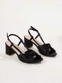Women Knot Detail Chunky Heeled Slingback Sandals, Glamorous Summer Satin Heeled Sandals,Block Heels - Black - View 10