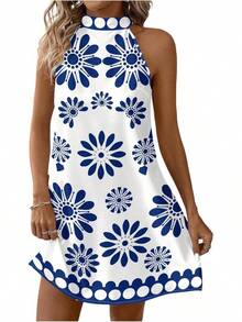 - Vestido corto sin mangas con estampado floral para mujer, cuello halter, línea A - rosado y anaranjado - Ver 22