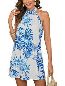 - Vestido corto sin mangas con estampado floral para mujer, cuello halter, línea A - Negro y blanco - Ver 33