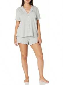 Essentials Mujer Conjunto de Pijama de algodón Modal con Cuello de Muesca (Disponible en Tallas Grandes) - Gris Mezcla - Ver 6