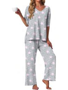 PrinStory - Conjunto de pijama de manga corta para mujer, conjunto de pijama de 2 piezas para mujer, cómodo ropa de descanso con bolsillos - Gloria de la mañana blanca Fp - Ver 15