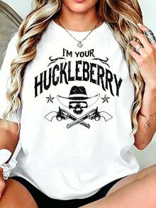 Playera Blanca Para Mujer De Manga Corta Con Estampado Western Vintage Y Letras Gráficas, Camiseta Casual De Cuello Redondo Para Diario - Negro - Ver 1