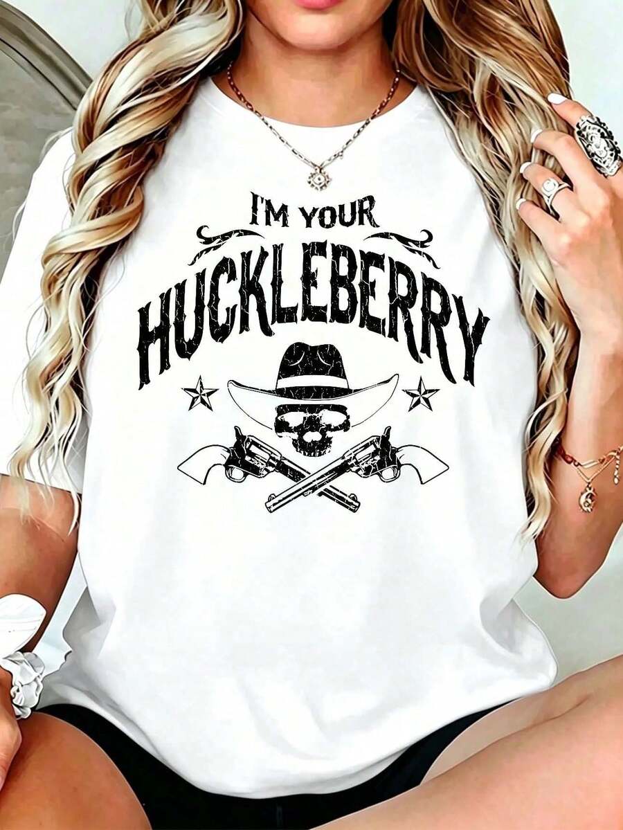 Playera Blanca Para Mujer De Manga Corta Con Estampado Western Vintage Y Letras Gráficas, Camiseta Casual De Cuello Redondo Para Diario - Negro - Ver 1
