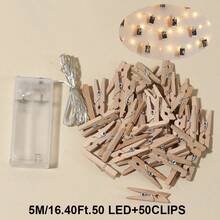 1pc 1-10m LED Copper Wire String Lights With Wooden Photo Clips, 10 Clips Per Meter (±2-3 Clips Error), Hanging Photo Cards Fairy Lights, Photo Wall Decoration Lights, Bedroom Atmosphere Decorative Light String, Suitable For Girls' Room Birthday Party Anniversary Home Decor - 銅色線 - 查看 12
